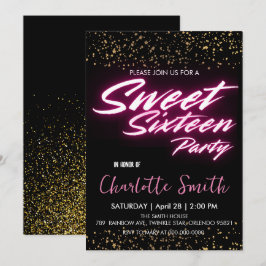 Elegante neon roze retro Gold Sweet 16th Birthday Kaart