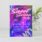 Elegante neon roze retro Gold Sweet 16th Birthday Kaart (Staand voorkant)