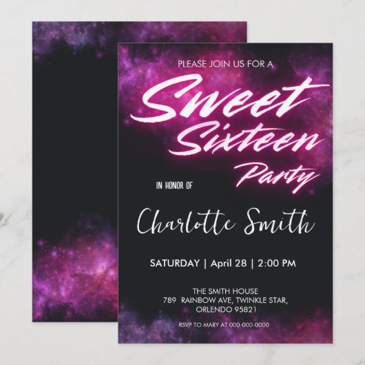 Elegante neon roze Retro Sweet 16e Verjaardag girl Kaart (Voorkant / Achterkant)