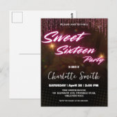 Elegante neon roze retro zwart Sweet 16th Birthday Briefkaart (Voorkant / Achterkant)