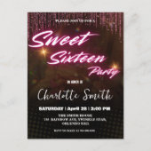 Elegante neon roze retro zwart Sweet 16th Birthday Briefkaart (Voorkant)