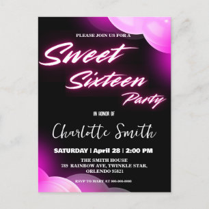 Elegante neon roze retro zwart Sweet 16th Birthday Briefkaart