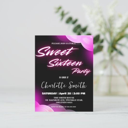 Elegante neon roze retro zwart Sweet 16th Birthday Briefkaart (Staand voorkant)