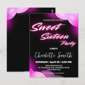 Elegante neon roze retro zwart Sweet 16th Birthday Briefkaart (Voorkant / Achterkant)