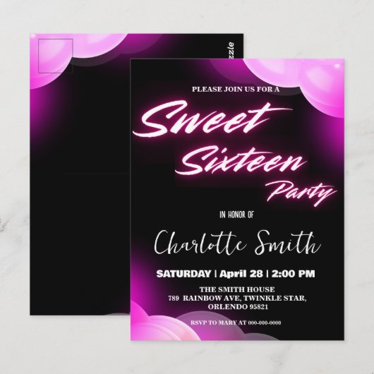 Elegante neon roze retro zwart Sweet 16th Birthday Briefkaart (Voorkant / Achterkant)