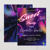 Elegante neon roze retro zwart Sweet 16th Birthday Briefkaart (Voorkant / Achterkant)