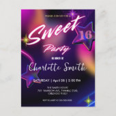 Elegante neon roze retro zwart Sweet 16th Birthday Briefkaart (Voorkant)