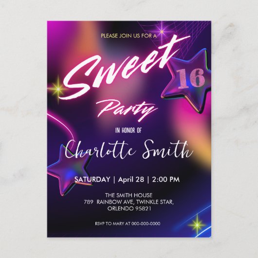 Elegante neon roze retro zwart Sweet 16th Birthday Briefkaart (Voorkant)