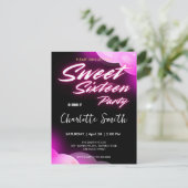 Elegante neon roze retro zwart Sweet 16th Birthday Briefkaart (Staand voorkant)