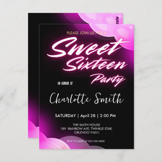 Elegante neon roze retro zwart Sweet 16th Birthday Briefkaart (Voorkant / Achterkant)