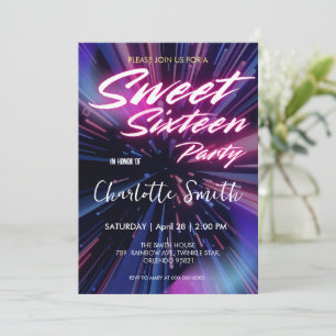 Elegante neon roze retro zwart Sweet 16th Birthday Kaart