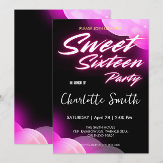 Elegante neon roze retro zwart Sweet 16th Birthday Kaart