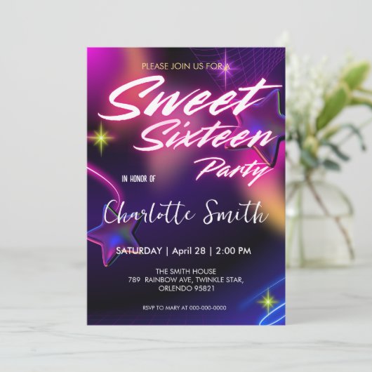 Elegante neon roze retro zwarte Sweet 16 Verjaarda Kaart (Staand voorkant)