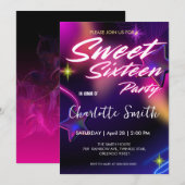 Elegante neon roze retro zwarte Sweet 16 Verjaarda Kaart (Voorkant / Achterkant)