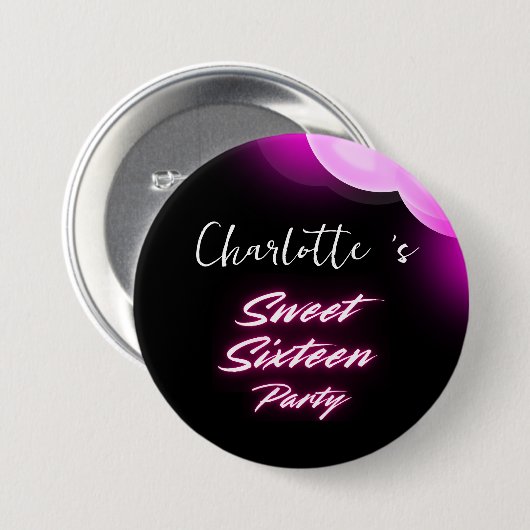 Elegante neon Roze Zwart retro Sweet 16th Birthday Ronde Button 7,6 Cm (Voorkant /achterkant)