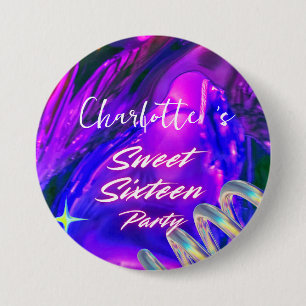 Elegante neon Roze Zwart retro Sweet 16th Birthday Ronde Button 7,6 Cm