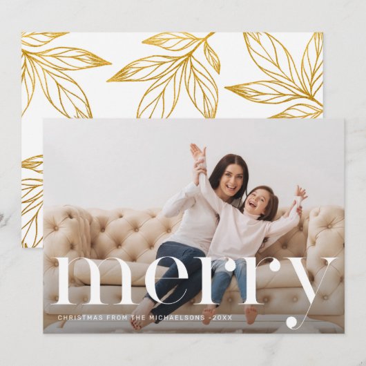 Elegante nep-gouden botanische vrolijk kerst foto feestdagenkaart (Voorkant / Achterkant)