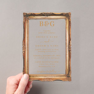 Elegante nep gouden lijst monogram trouwkaart held acryl uitnodigingen