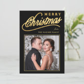 Elegante nep gouden script Kerstmis foto Feestdagenkaart (Staand voorkant)