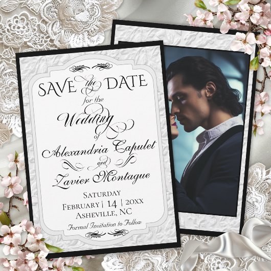 Elegante nep-reliëf, foto - wit/zwart save the date