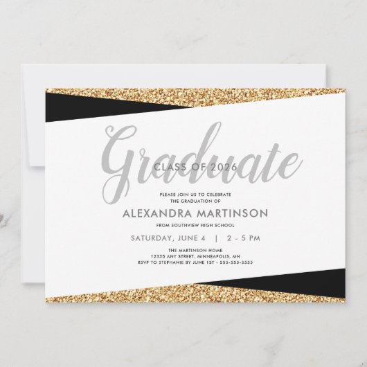 Elegante nepgoud glinster afstudeerfeest kaart (Voorkant)