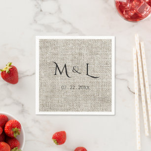 Elegante neplinnen zwarte monogram datum bruiloft servet
