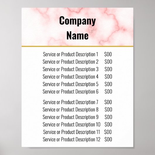 Elegante Neppe Roze Marmer Prijslijst Poster (Voorkant)