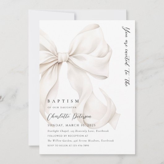 Elegante Neutral Bow doop uitnodiging (Voorkant)
