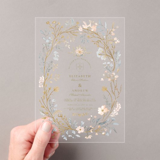 Elegante Neutral Floral Crest Wedding Acryl Uitnodigingen (Insitu (Draagbaar))