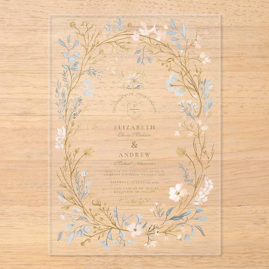 Elegante Neutral Floral Crest Wedding Acryl Uitnodigingen (Voorkant)