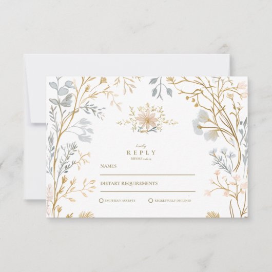 Elegante Neutral Floral Crest Wedding RSVP Kaartje (Voorkant)
