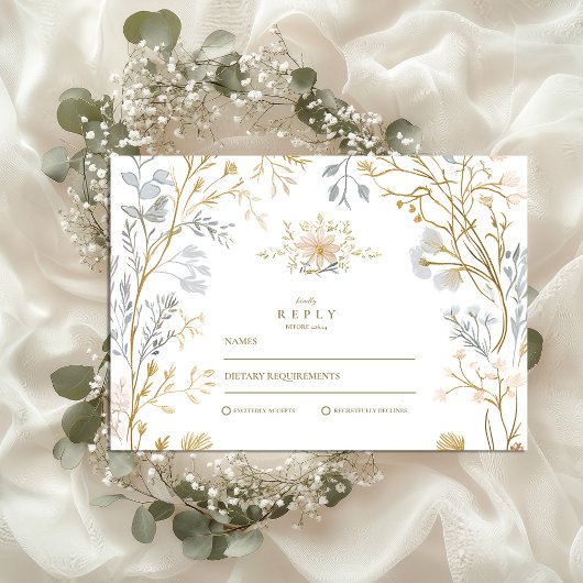 Elegante Neutral Floral Crest Wedding RSVP Kaartje
