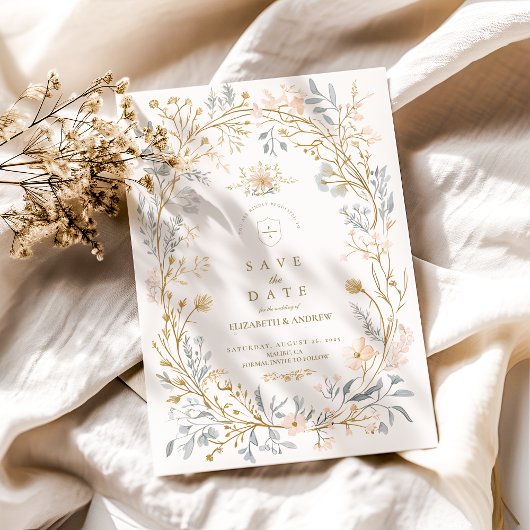 Elegante Neutral Floral Crest Wedding Save The Date