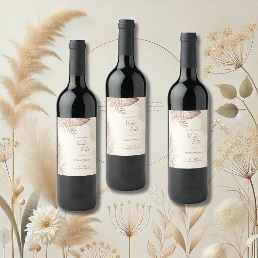 Elegante Neutral Pampas Grass Wedding Wijn Etiket