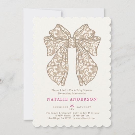 Elegante neutrale beige bloemen kant strik baby sh kaart (Voorkant)