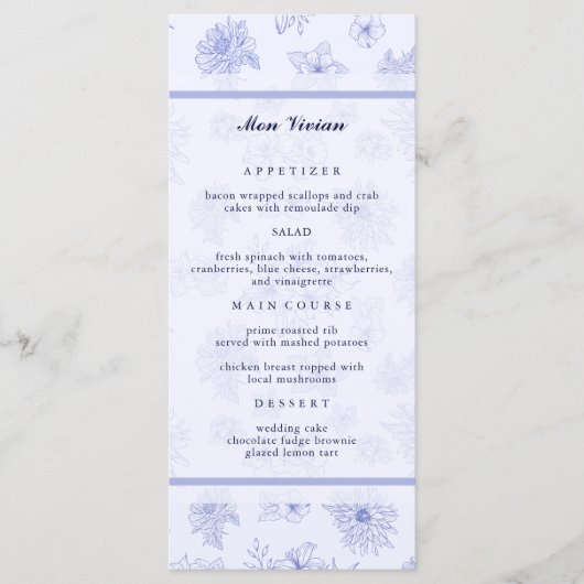 Elegante Neutrale Blauwe Bloemen Gastenaam Diner Menu (Voorkant)