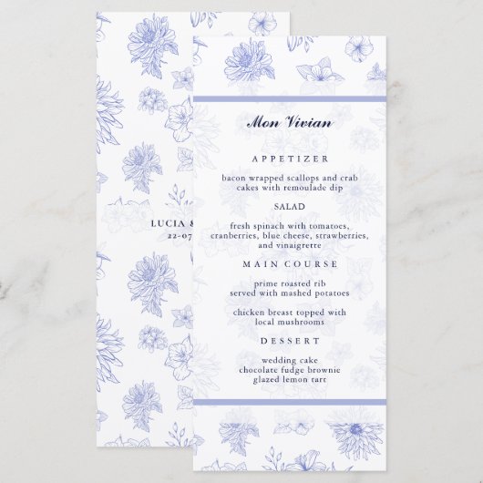Elegante Neutrale Blauwe Bloemen Gastenaam Diner Menu (Voorkant / Achterkant)