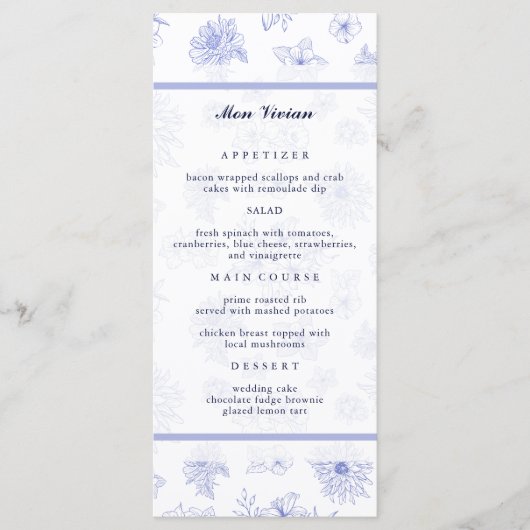 Elegante Neutrale Blauwe Bloemen Gastenaam Diner Menu (Voorkant)