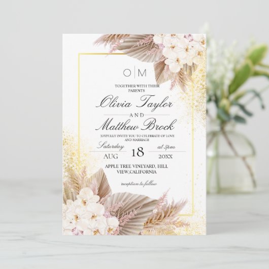 Elegante Neutrale Bloem Boho Bruiloft Kaart (Staand voorkant)