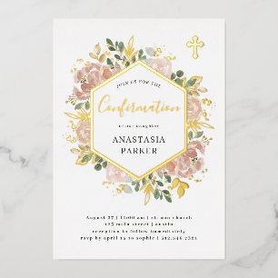Elegante Neutrale Bloemen Confirmatie Goud Folie Uitnodiging