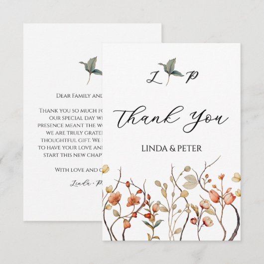 Elegante neutrale  bloemenbruiloft bedankkaart (Voorkant / Achterkant)