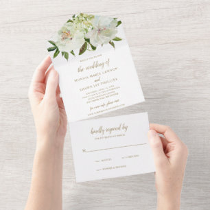Elegante Neutrale Bloemige Witte Ivoor Gouden Brui All In One Uitnodiging
