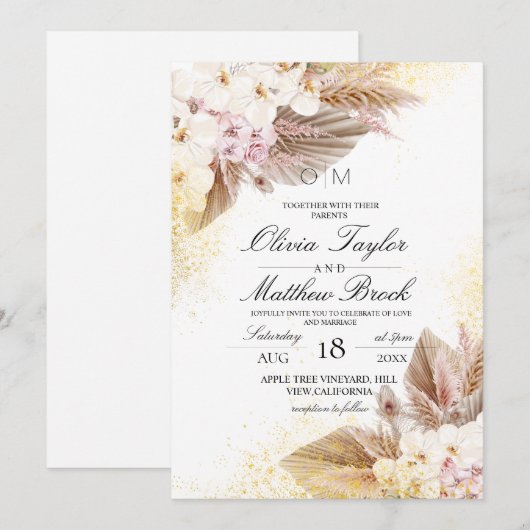 Elegante neutrale Boho Pampas bruiloft Kaart (Voorkant / Achterkant)