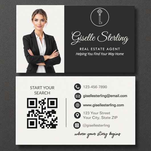 Elegante neutrale foto makelaar QR-code Visitekaartje