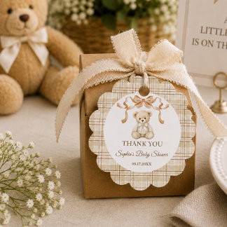 Elegante neutrale geruite babyshower dank je bedankjes labels