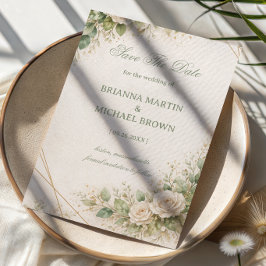 Elegante neutrale groene bloemmotief save the date