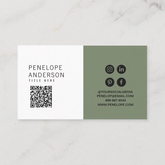 Elegante Neutrale Groene QR Code Boho Chique Moder Visitekaartje (Achterkant)