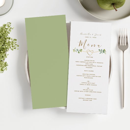 Elegante neutrale groene trouwmenu kaart