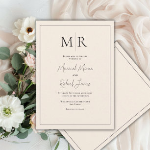 Elegante neutrale linnen monogram moderne trouwdag kaart