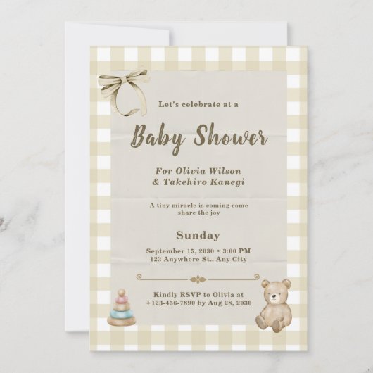 Elegante neutrale teddybeer babyshower kaart (Voorkant)